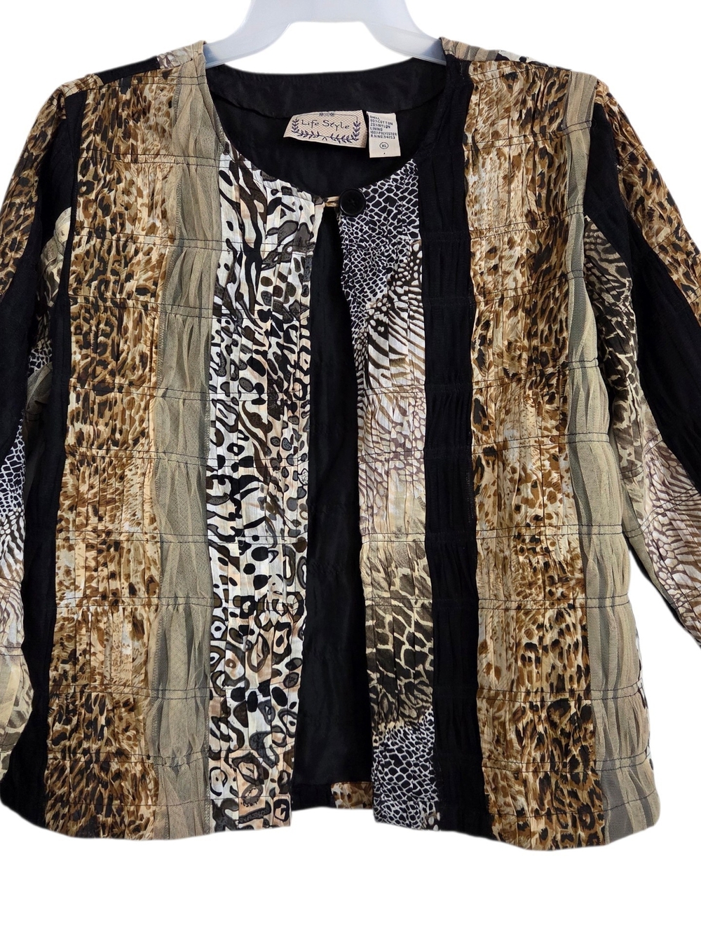 Life Style Animal Print Patchwork Mixed Media Women's Jacket - Brown/Black XL